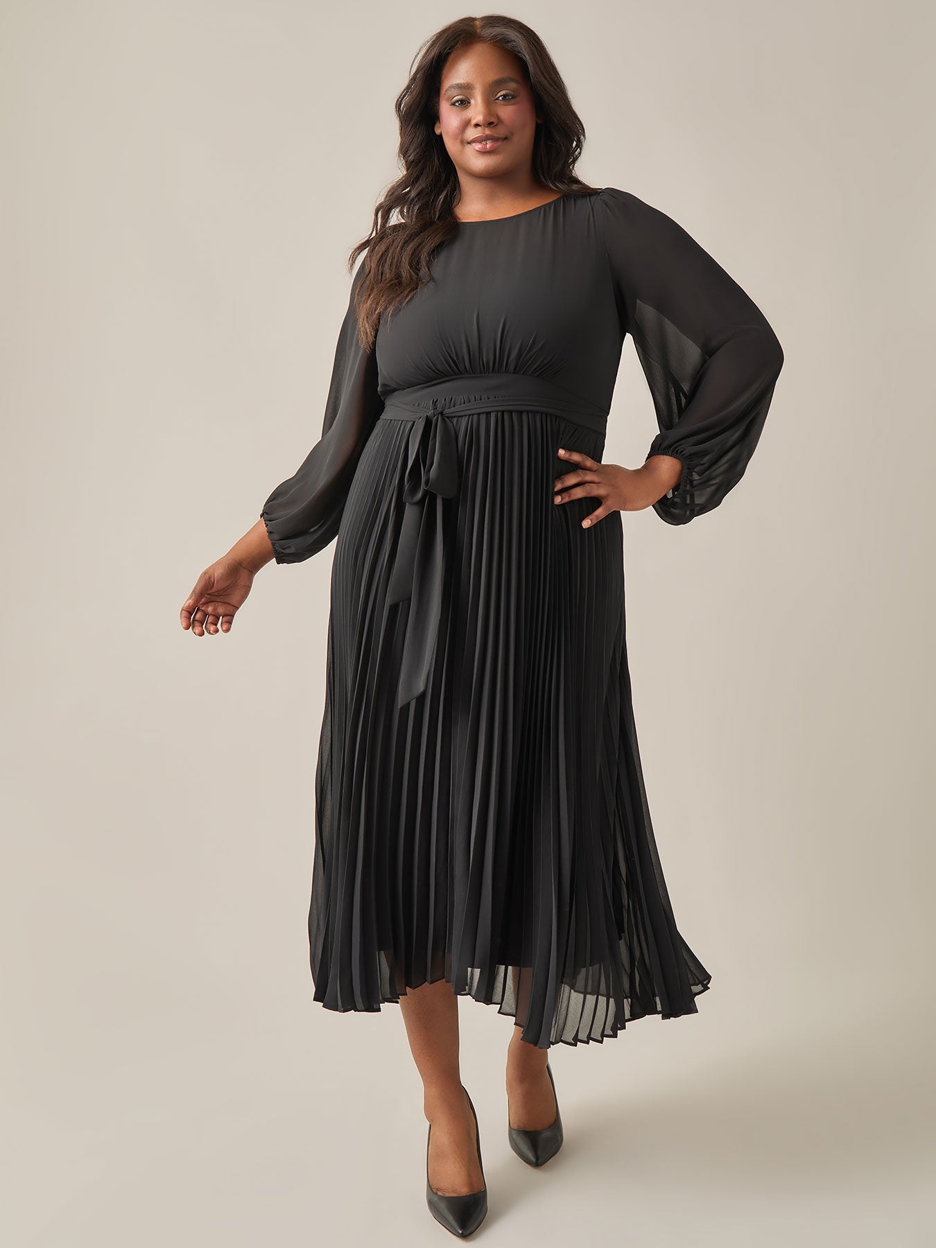 Kasper Plus Size A Line Balloon Sleeve Midi Dress Black