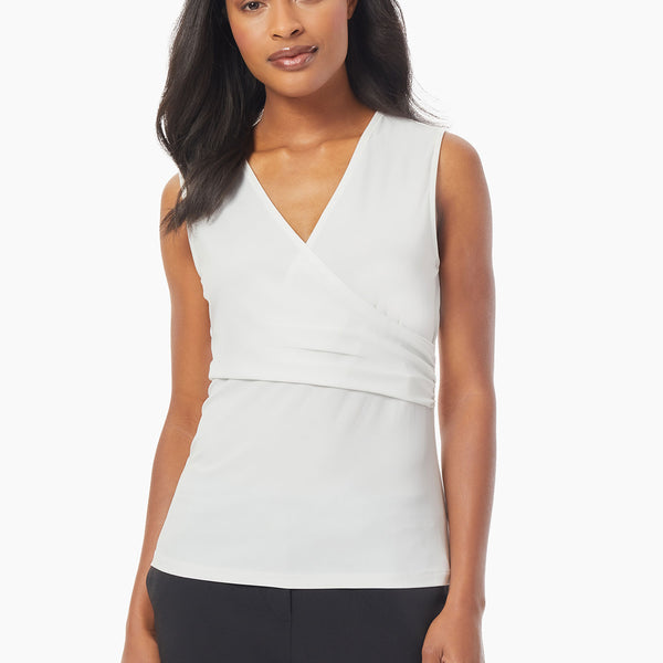 Sleeveless V-Neck Faux Wrap Jersey Knit Top