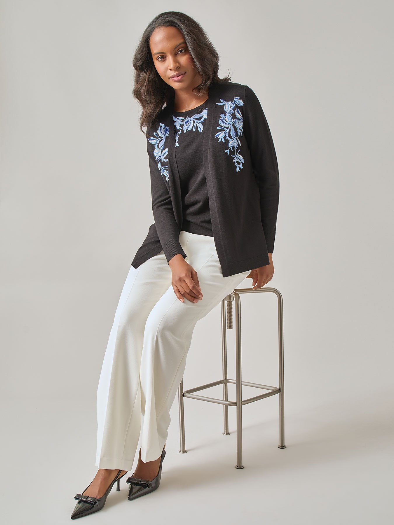 Petite Floral Embroidered Sweater Tank, Black | Kasper