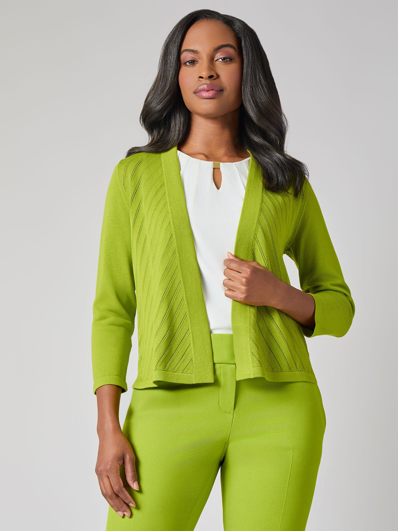 Plus Diagonal Stitch Short Cardigan, Cotton Blend, Kiwi | Kasper
