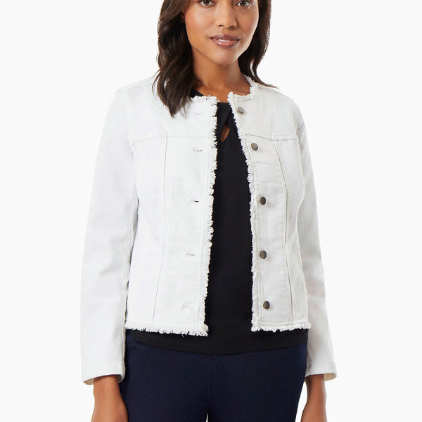 Ladies white clearance collarless denim jacket