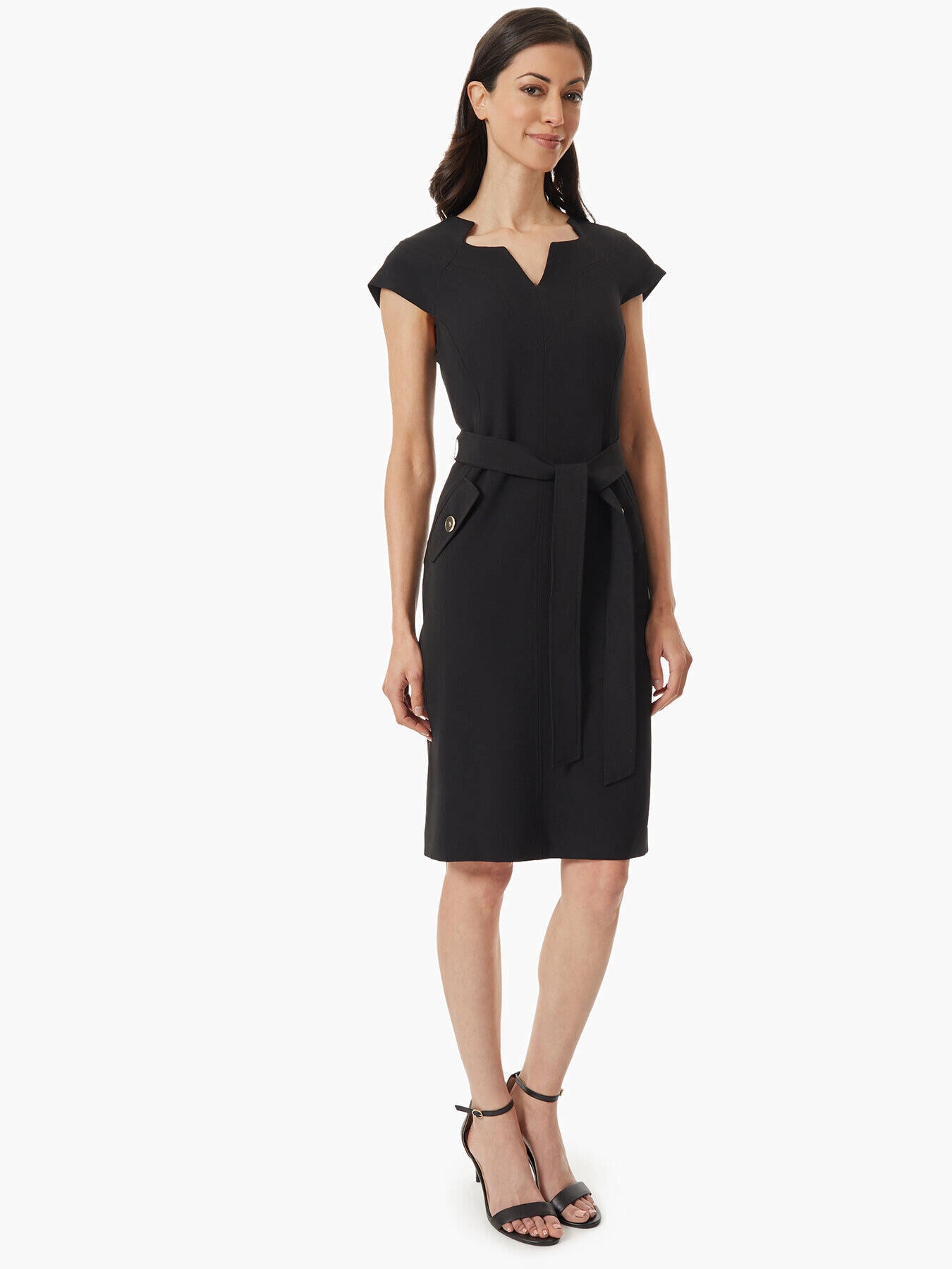 Petite Notched Neckline Belted Crepe Dress